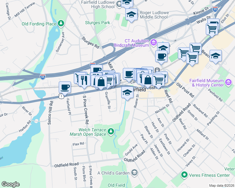map of restaurants, bars, coffee shops, grocery stores, and more near 46 Bungalow Avenue in Fairfield
