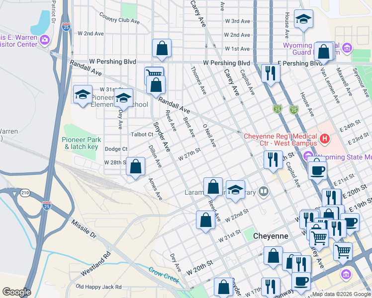 map of restaurants, bars, coffee shops, grocery stores, and more near 2709 Reed Avenue in Cheyenne