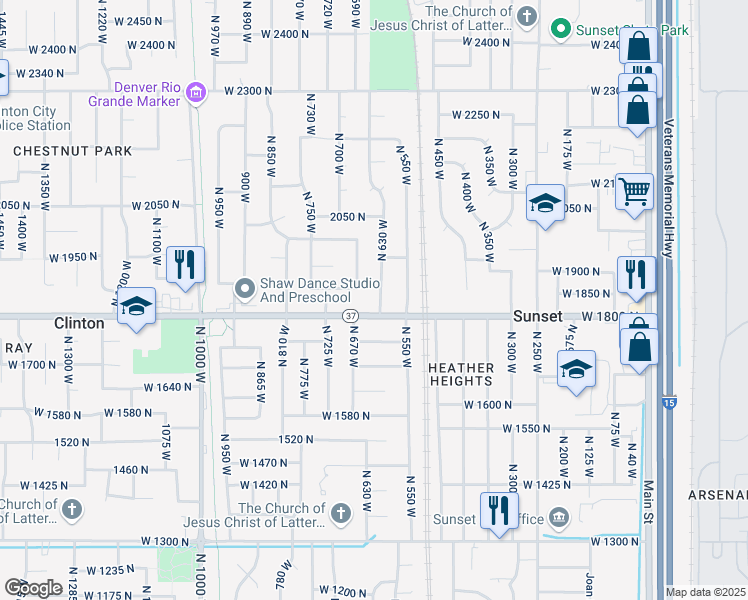 map of restaurants, bars, coffee shops, grocery stores, and more near 1843 North 630 West in Clinton