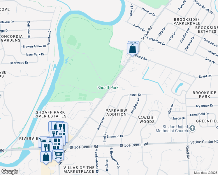 map of restaurants, bars, coffee shops, grocery stores, and more near 6343 Saint Joe Road in Fort Wayne