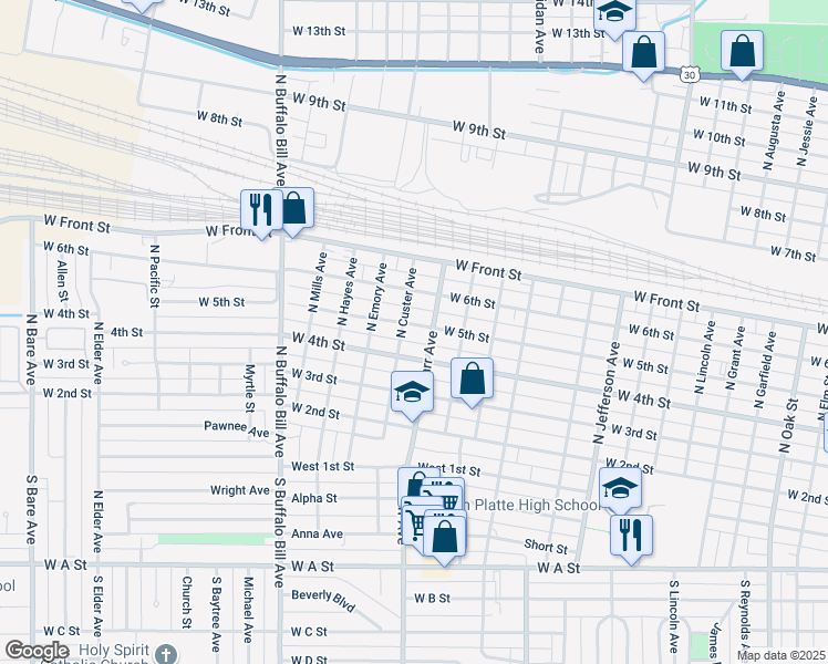 map of restaurants, bars, coffee shops, grocery stores, and more near 2014 West 5th Street in North Platte