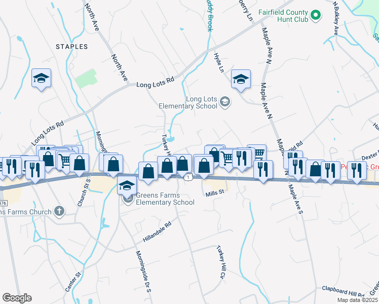 map of restaurants, bars, coffee shops, grocery stores, and more near 301 Harvest Cmns in Westport