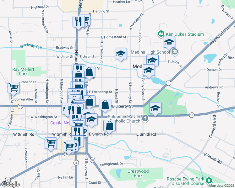 map of restaurants, bars, coffee shops, grocery stores, and more near 2 Public Square in Medina