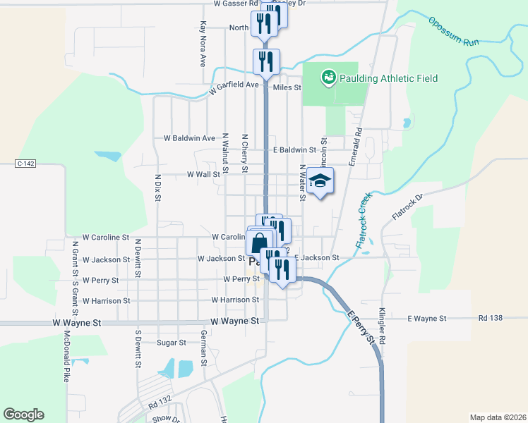 map of restaurants, bars, coffee shops, grocery stores, and more near 409 North Williams Street in Paulding