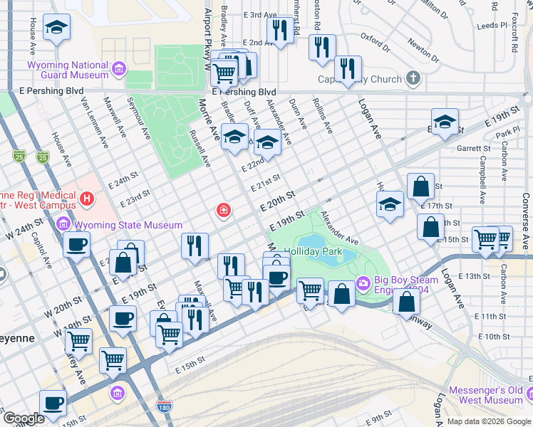 map of restaurants, bars, coffee shops, grocery stores, and more near 1005 East 20th Street in Cheyenne