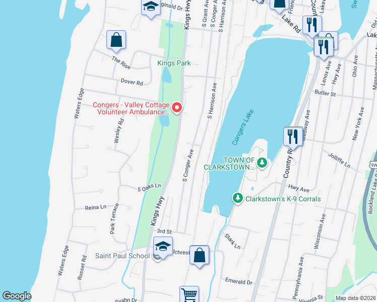 map of restaurants, bars, coffee shops, grocery stores, and more near 156 South Conger Avenue in Congers