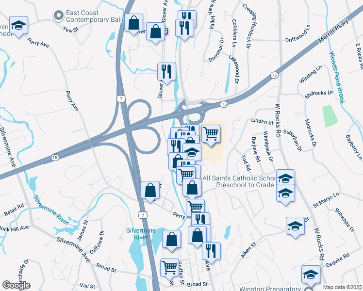 map of restaurants, bars, coffee shops, grocery stores, and more near 377 Main Avenue in Norwalk