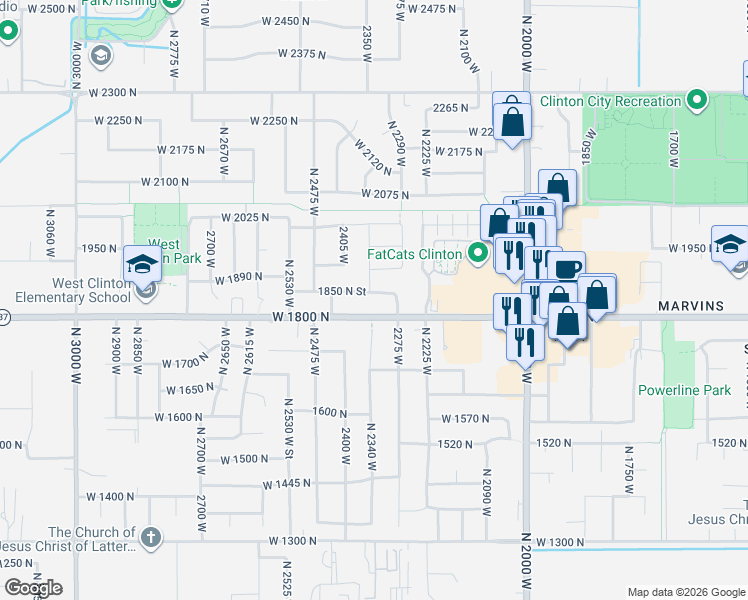 map of restaurants, bars, coffee shops, grocery stores, and more near 2337 1850 North Street in Clinton