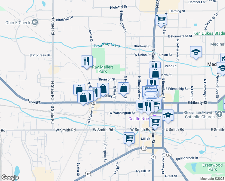 map of restaurants, bars, coffee shops, grocery stores, and more near 145 North Vine Street in Medina