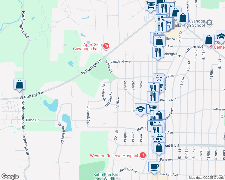 map of restaurants, bars, coffee shops, grocery stores, and more near 2402 27th Street in Cuyahoga Falls