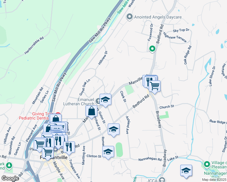 map of restaurants, bars, coffee shops, grocery stores, and more near 123 Manville Road in Pleasantville