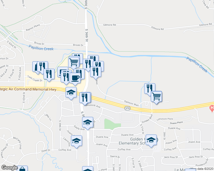 map of restaurants, bars, coffee shops, grocery stores, and more near 3404 Samson Way in Bellevue