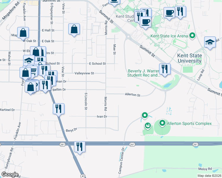 map of restaurants, bars, coffee shops, grocery stores, and more near 710 Avondale Street in Kent