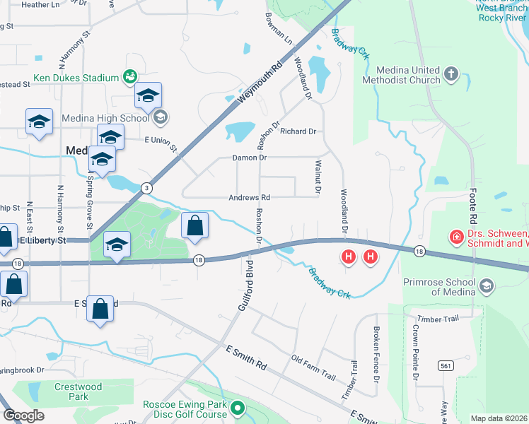 map of restaurants, bars, coffee shops, grocery stores, and more near 170 Roshon Drive in Medina