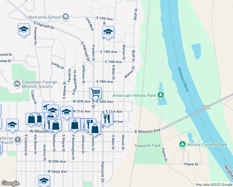map of restaurants, bars, coffee shops, grocery stores, and more near 1901 Main Street in Bellevue