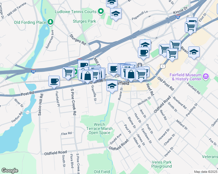 map of restaurants, bars, coffee shops, grocery stores, and more near 49 Thorpe Street in Fairfield