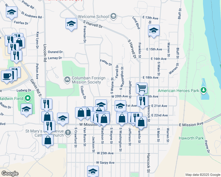 map of restaurants, bars, coffee shops, grocery stores, and more near 1902 Wayne Street in Bellevue