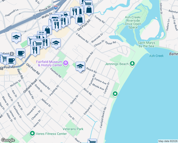 map of restaurants, bars, coffee shops, grocery stores, and more near 148 Fern Street in Fairfield