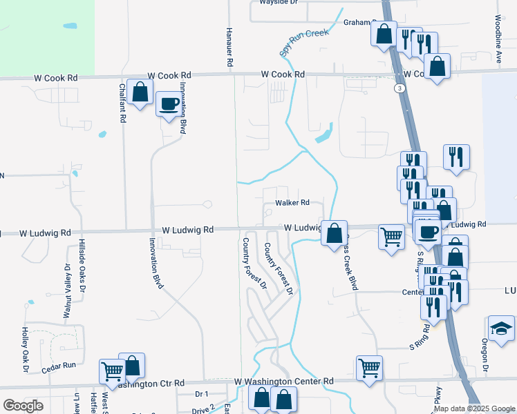 map of restaurants, bars, coffee shops, grocery stores, and more near 6635 Goings Road in Fort Wayne