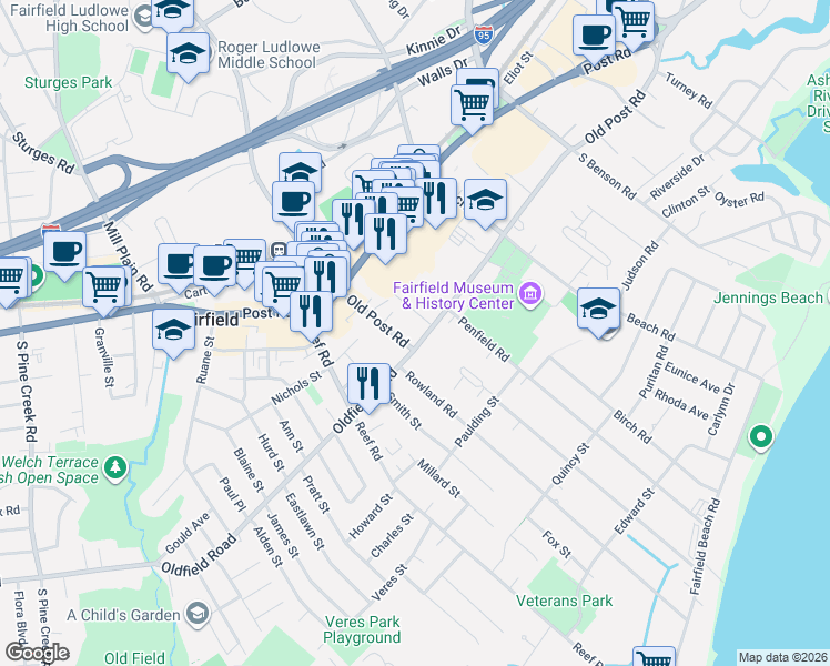 map of restaurants, bars, coffee shops, grocery stores, and more near 808 Old Post Road in Fairfield