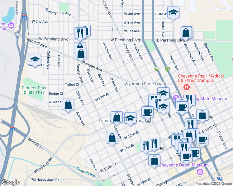 map of restaurants, bars, coffee shops, grocery stores, and more near 2614 O Neil Avenue in Cheyenne