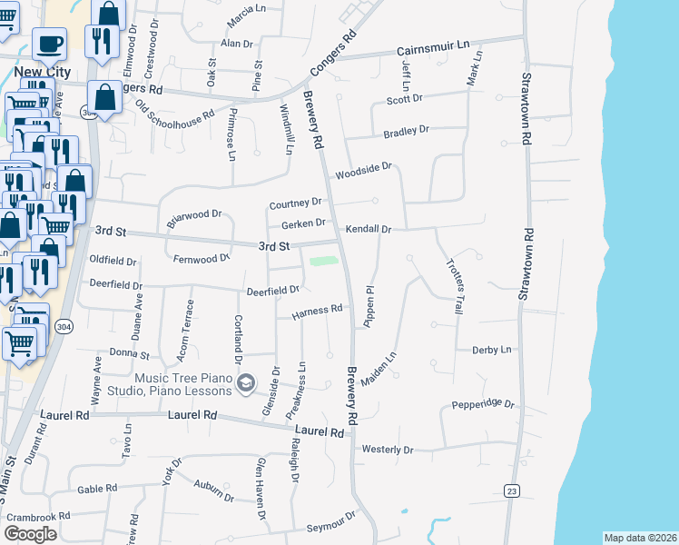 map of restaurants, bars, coffee shops, grocery stores, and more near 103 Brewery Road in New City