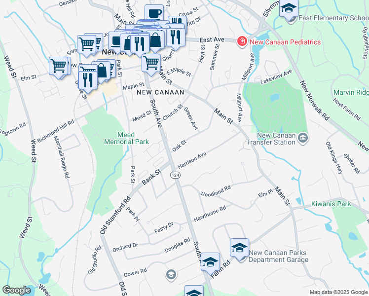 map of restaurants, bars, coffee shops, grocery stores, and more near 31 Oak Street in New Canaan