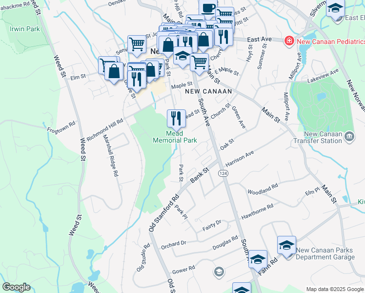 map of restaurants, bars, coffee shops, grocery stores, and more near 264 Park Street in New Canaan