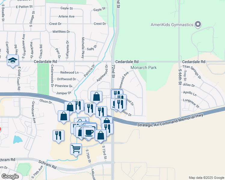 map of restaurants, bars, coffee shops, grocery stores, and more near 10976 South 72nd Street in Papillion