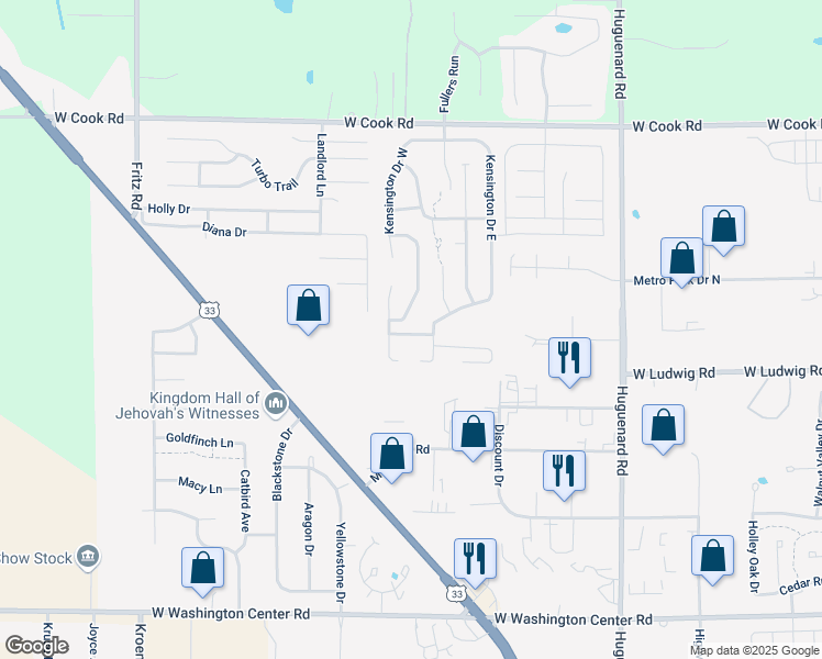 map of restaurants, bars, coffee shops, grocery stores, and more near 4428 Sterling Drive in Fort Wayne
