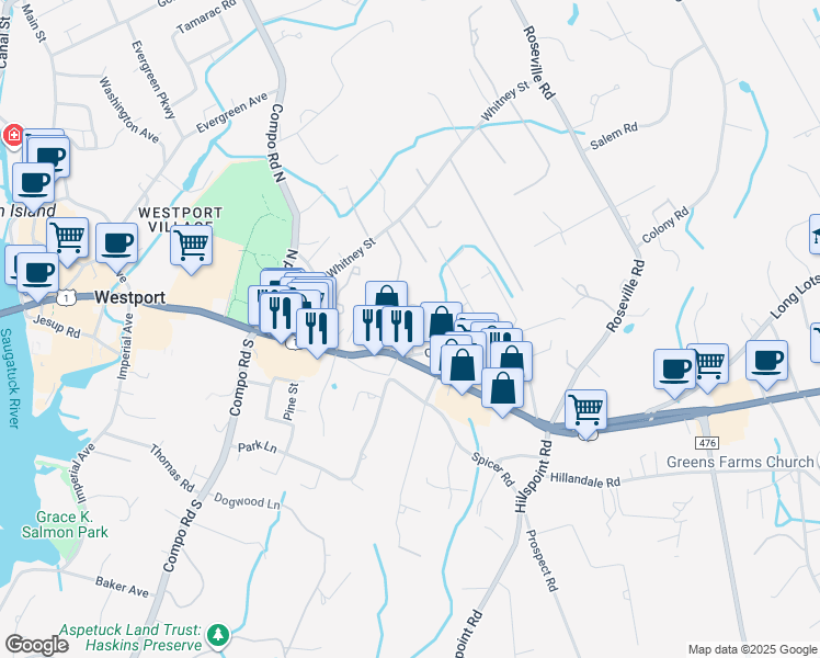 map of restaurants, bars, coffee shops, grocery stores, and more near 11 Crescent Park Road in Westport