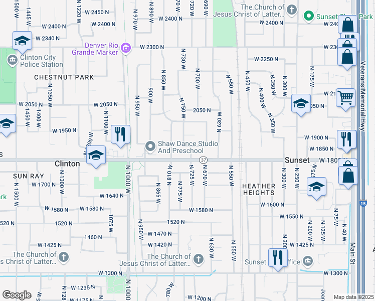 map of restaurants, bars, coffee shops, grocery stores, and more near 703 West 1860 North in Clinton