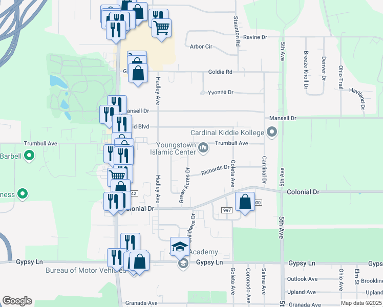 map of restaurants, bars, coffee shops, grocery stores, and more near 3038 Green Acres Drive in Youngstown