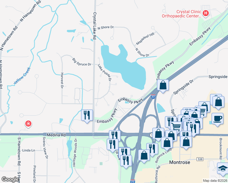 map of restaurants, bars, coffee shops, grocery stores, and more near 255 Lake Pointe Drive in Akron