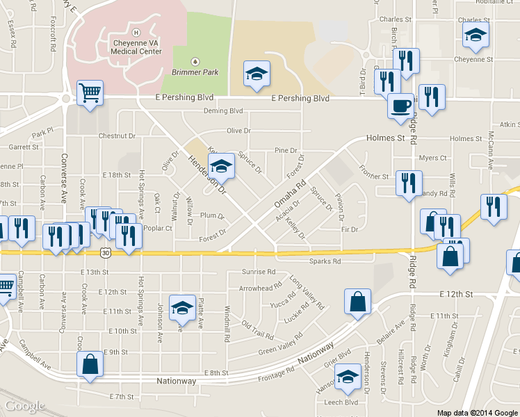 map of restaurants, bars, coffee shops, grocery stores, and more near 3119 Forest Drive in Cheyenne
