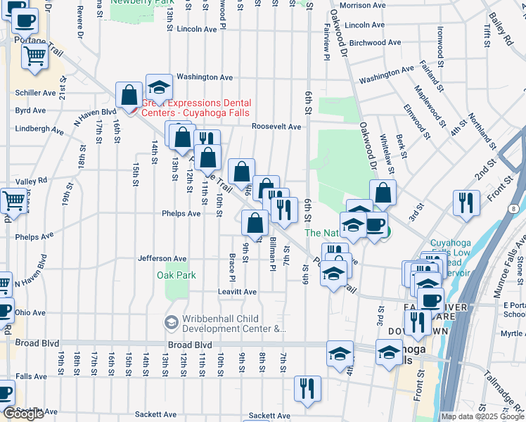map of restaurants, bars, coffee shops, grocery stores, and more near 2400 8th Street in Cuyahoga Falls