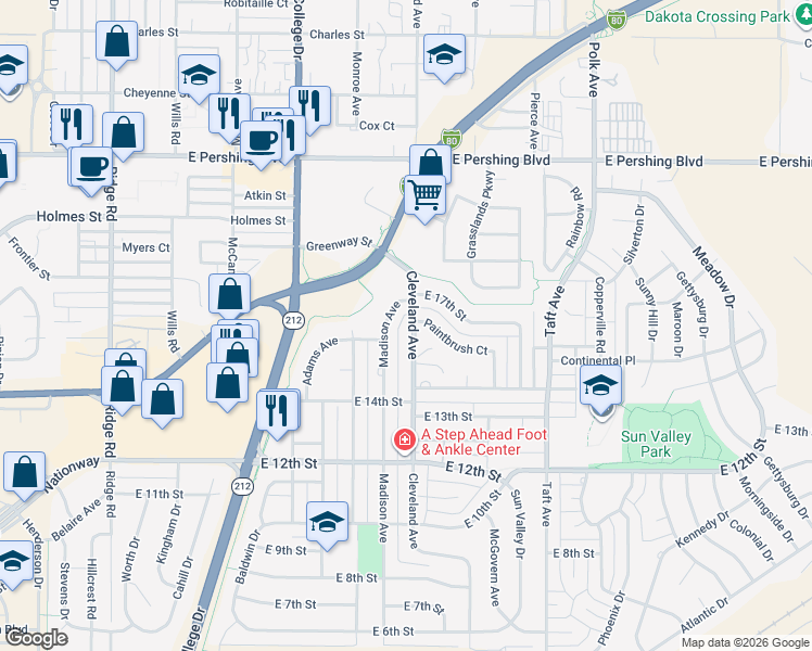 map of restaurants, bars, coffee shops, grocery stores, and more near 1616 Cleveland Avenue in Cheyenne
