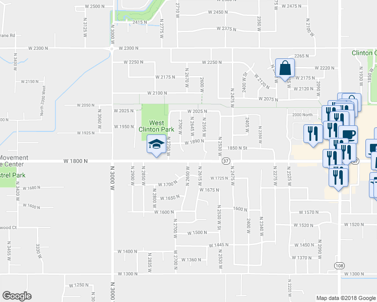 map of restaurants, bars, coffee shops, grocery stores, and more near 1844 North 2700 West in Clinton