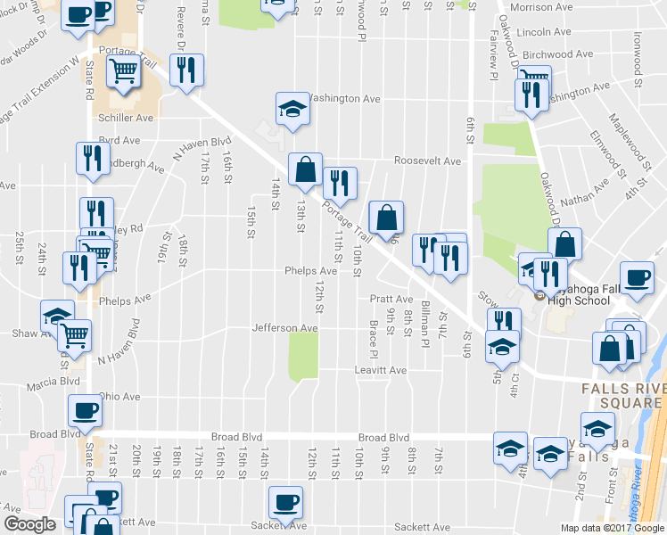 map of restaurants, bars, coffee shops, grocery stores, and more near 2410 11th Street in Cuyahoga Falls