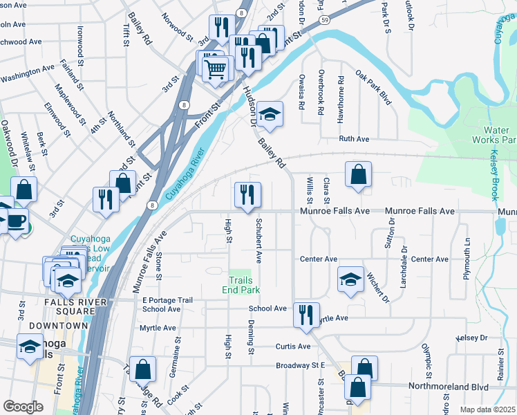 map of restaurants, bars, coffee shops, grocery stores, and more near 781 Munroe Falls Avenue in Cuyahoga Falls