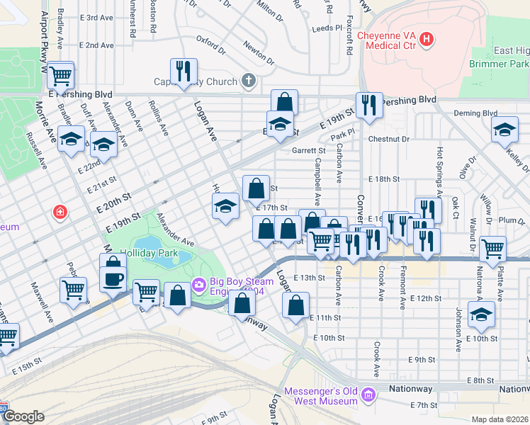 map of restaurants, bars, coffee shops, grocery stores, and more near 1815 East 17th Street in Cheyenne