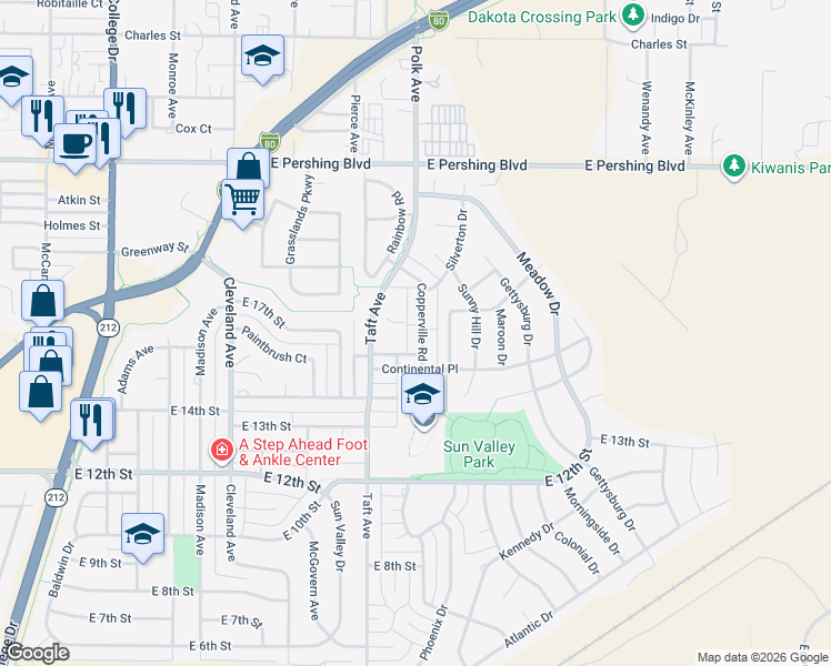 map of restaurants, bars, coffee shops, grocery stores, and more near 1532 Copperville Road in Cheyenne