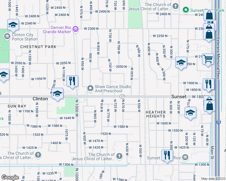 map of restaurants, bars, coffee shops, grocery stores, and more near 703 West 1860 North in Clinton