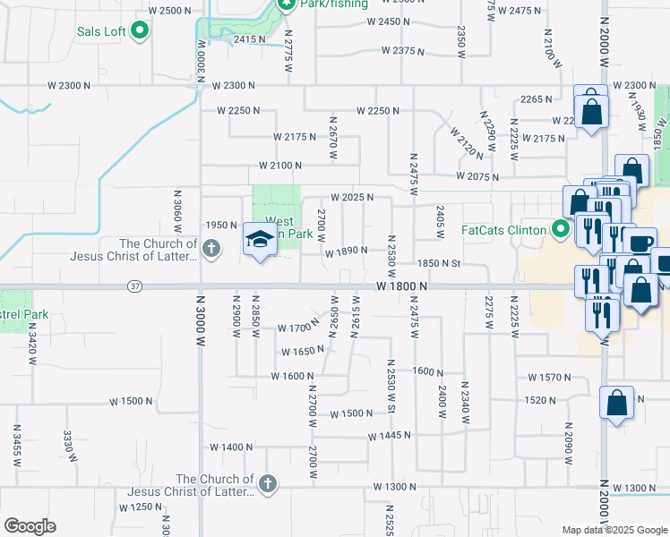 map of restaurants, bars, coffee shops, grocery stores, and more near 1844 North 2700 West in Clinton