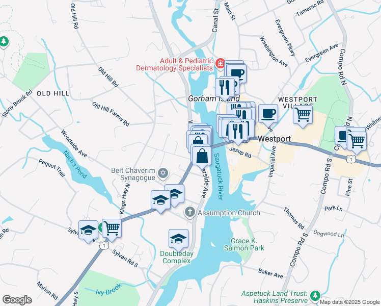 map of restaurants, bars, coffee shops, grocery stores, and more near in Westport