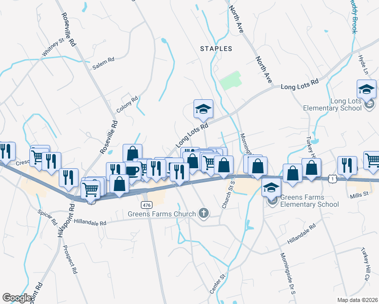 map of restaurants, bars, coffee shops, grocery stores, and more near 8 Long Lots Lane in Westport