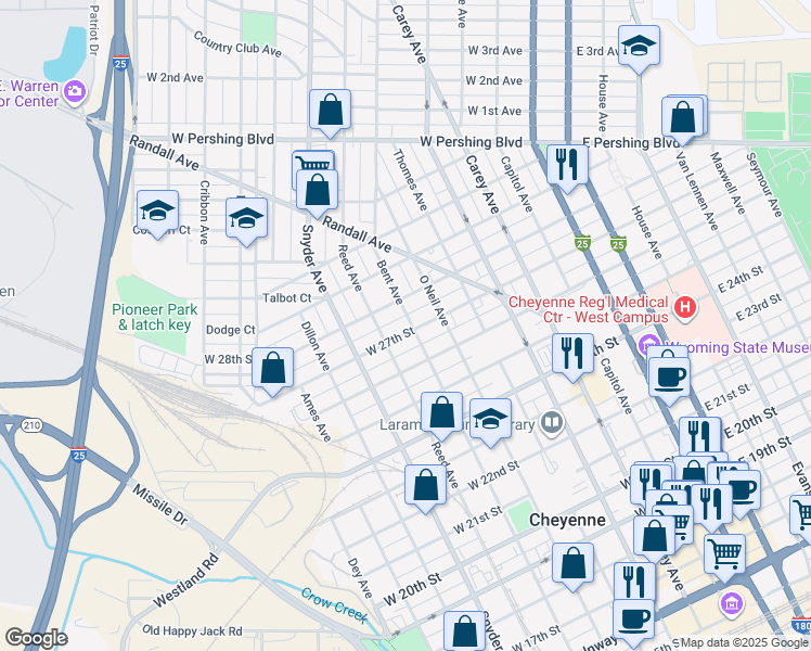 map of restaurants, bars, coffee shops, grocery stores, and more near 700 West 27th Street in Cheyenne