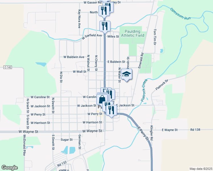 map of restaurants, bars, coffee shops, grocery stores, and more near 409 North Williams Street in Paulding
