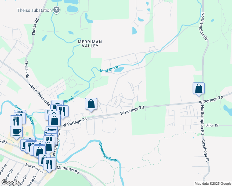map of restaurants, bars, coffee shops, grocery stores, and more near 1712 Treetop Trail in Akron