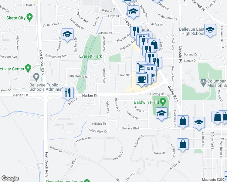 map of restaurants, bars, coffee shops, grocery stores, and more near 1902 Harlan Drive in Bellevue